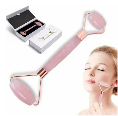 Rodillo Facial Cuarzo Rosa Jade Suaviza Y Rejuvenece